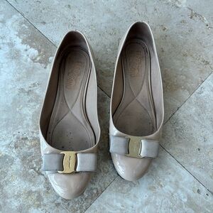 Salvatore Ferragamo Taupe Patent Leather Flats with Bow